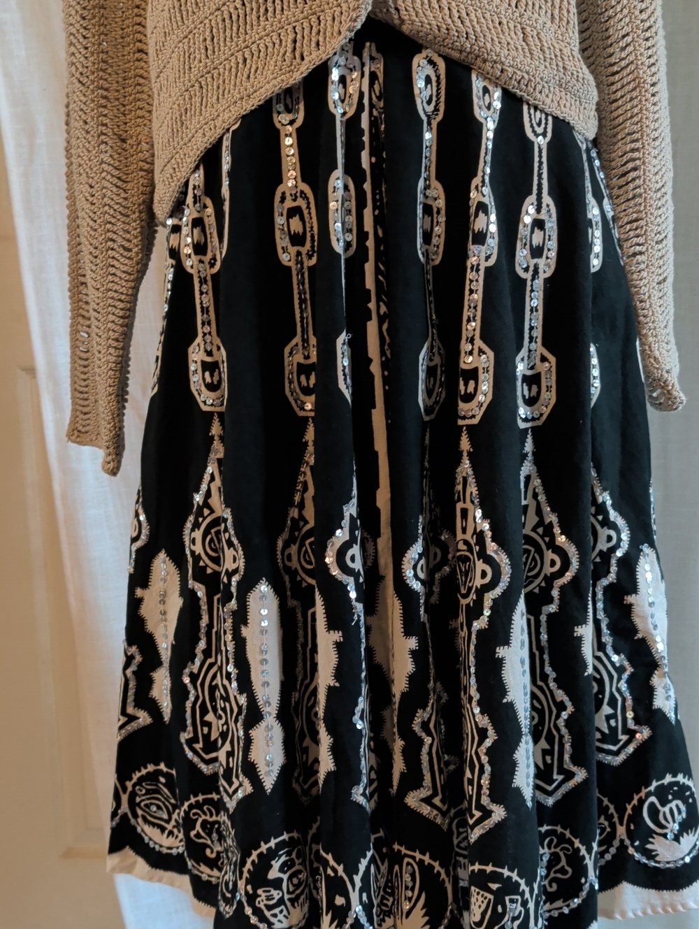 Boston Proper Black Midi Skirt with White Embroidered Motif and Silver Sequins